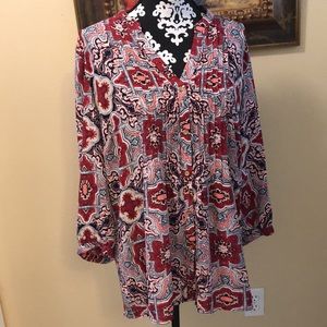 💄Charter Club boho pattern v-neck, long-sleeved lightweight button-down top